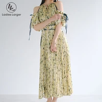 puff sleeve pleated dress for women 2022 spring japanese style new casual lady off the shoulder print belt waist long skirt