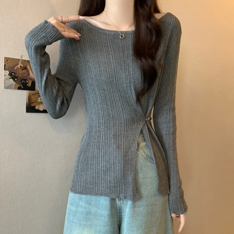 Design Side Slit round Neck Long sleeve Knit Women Autumn New Korean Sle Waist Hugging Slimming Stretch Bottoming Shirt