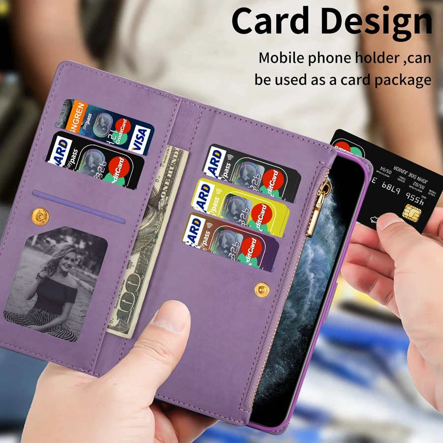 Wallte Laser Glitter Leather Case For Samsung Galaxy Z Fold4 Z Fold3 5G Multi-card Zipper For Galaxy Z Fold 4 Z Fold 3 Shell
