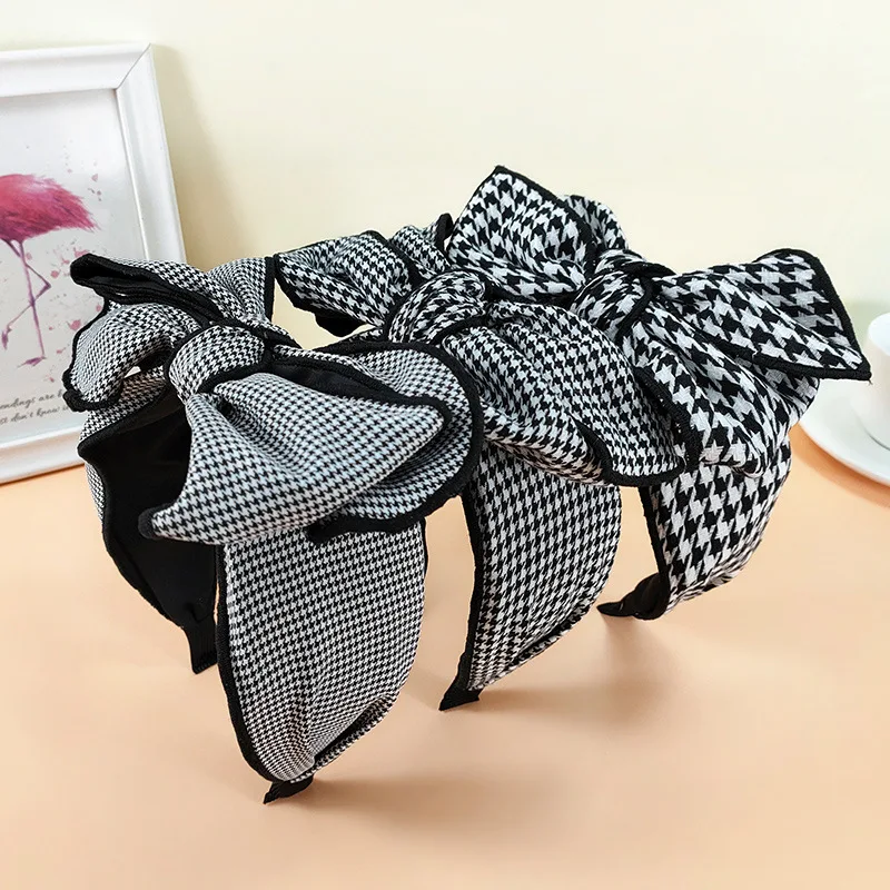 

2022 New Wide-brimmed fabric retro houndstooth hairpin Large bow headband Female Hair Hoop