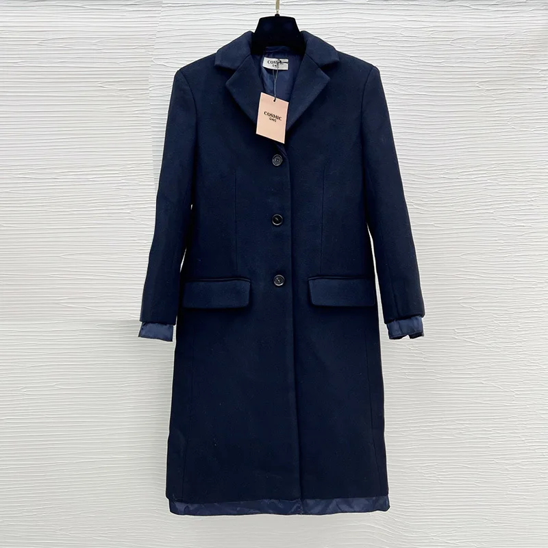

High Quality Navy Blue Wool Blend Coats Woman Winter 2022 Runway Classic Lapel Long Sleeve Coat Female Elegant Warm Outerwear