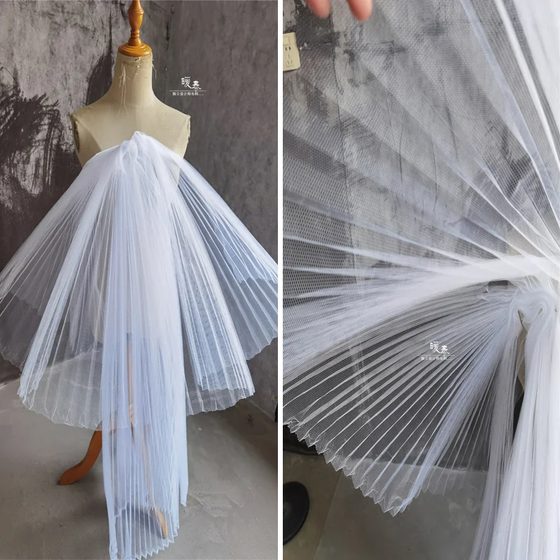 

Light Blue Organ Pleated Mesh Tulle Fabric Hard Feel DIY Bubble Skirts Wedding Dress Shape Sew Fashion Dress Designer Fabric