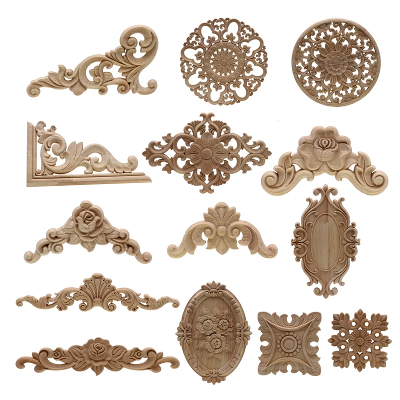 

Unique Natural Floral Wood Carved Wooden Figurines Crafts Corner Appliques Frame Wall Door Furniture Woodcarving Decorative