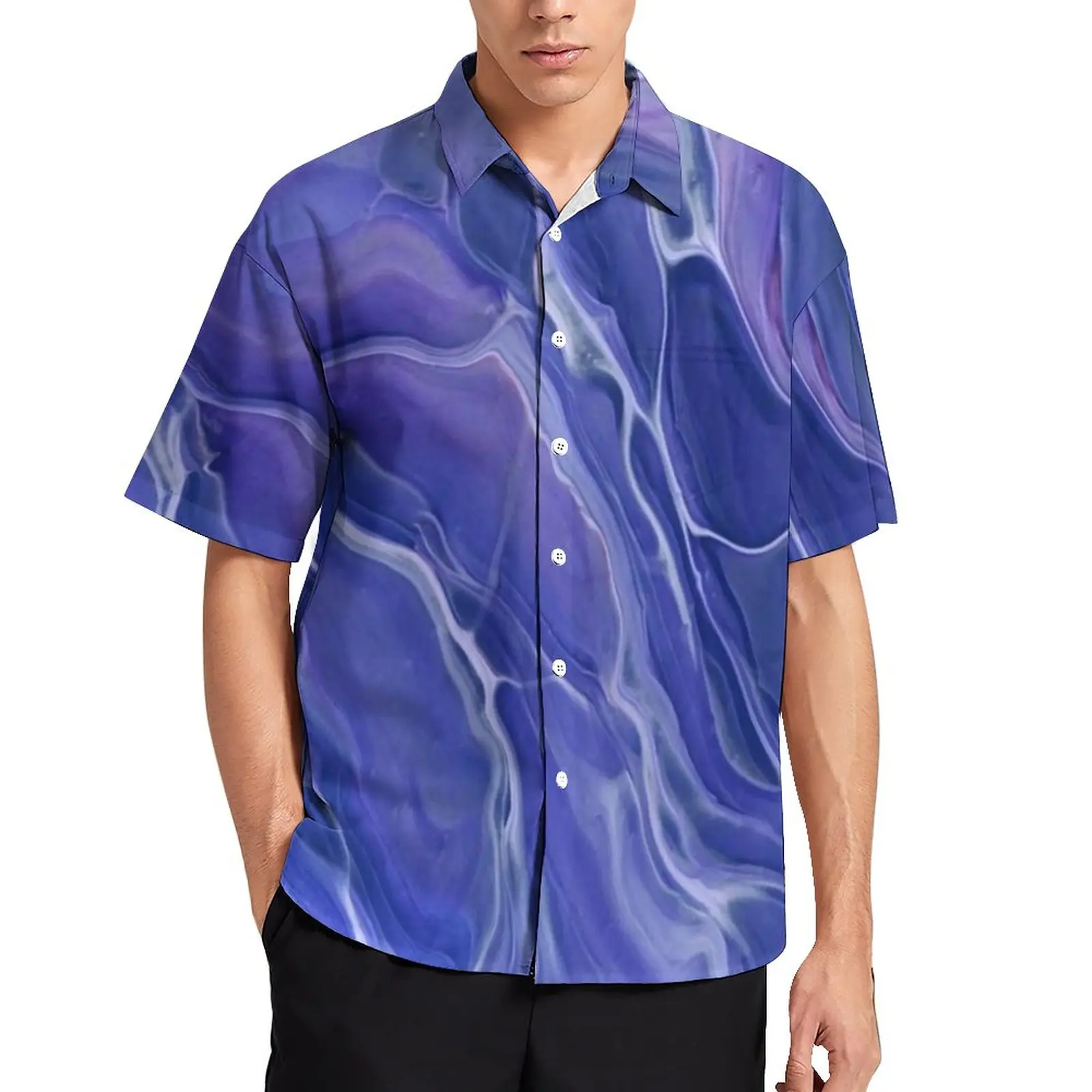 

Lavender Blue Marble Casual Shirts Fantasy Violet Abstraction Summer Shirt Short-Sleeve Novelty Blouses Male Plus Size