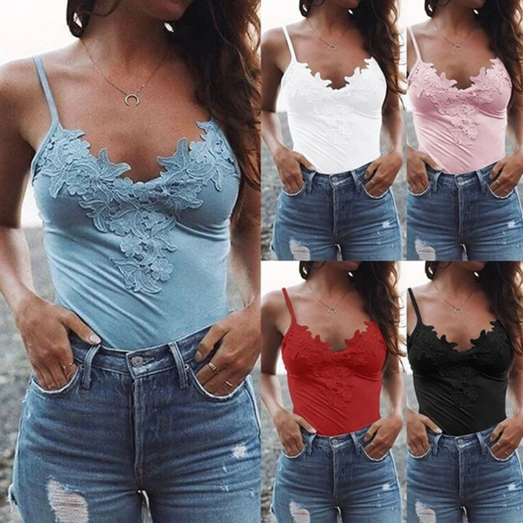 

Women's Fashion T-shirts Sexy Sleeveless Lace Patchwork Tank Tops Beach Holday Summer Vests Gym Sports Tee Top Camiseta Mujer