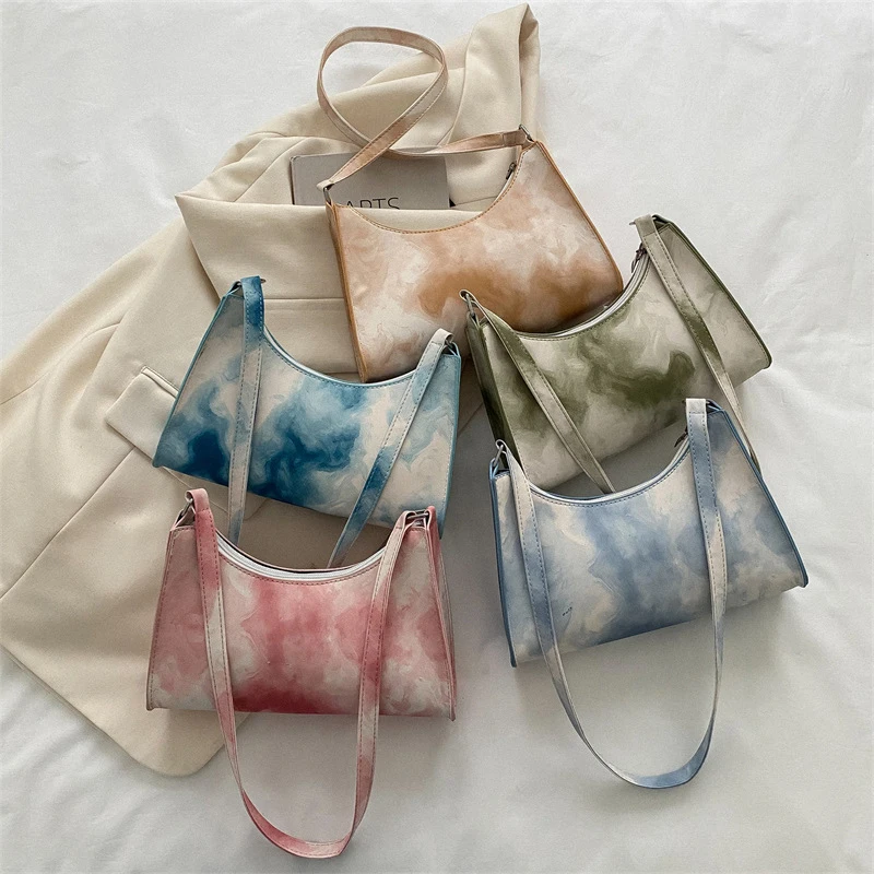 

Tie Dye Canvas Shoulder Bags For Women Underarm Bags Gradient Rendering Colorful Handbags Cross Body Bags Females Fashion New