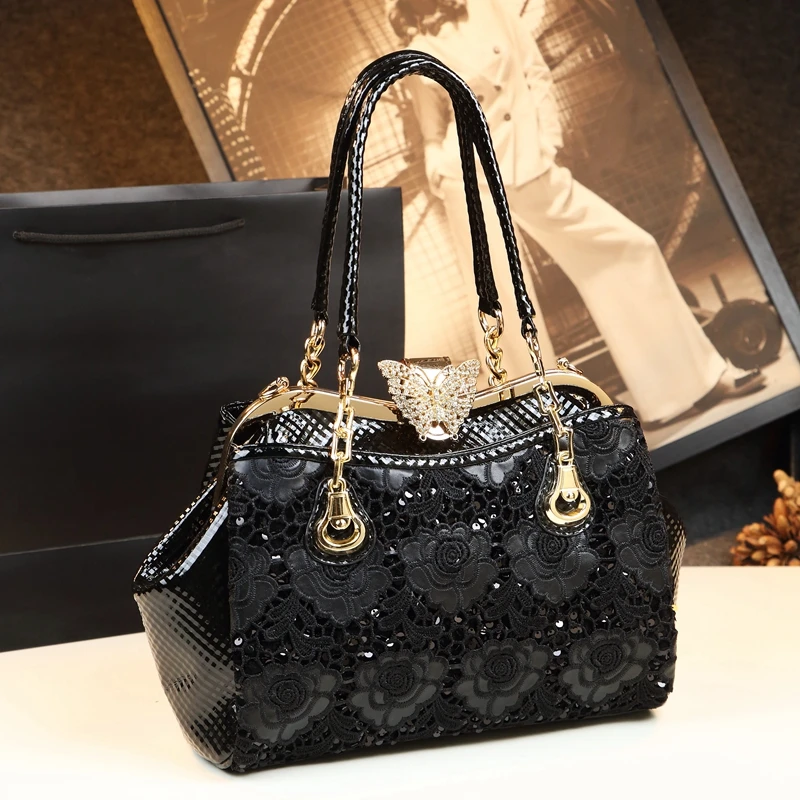 

2023 New Fashion Lace Handbags Women Soft Leather Diamond Butterfly Hasp Portable Tote Bag Ladies Luxury Shoulder Messenger Bags