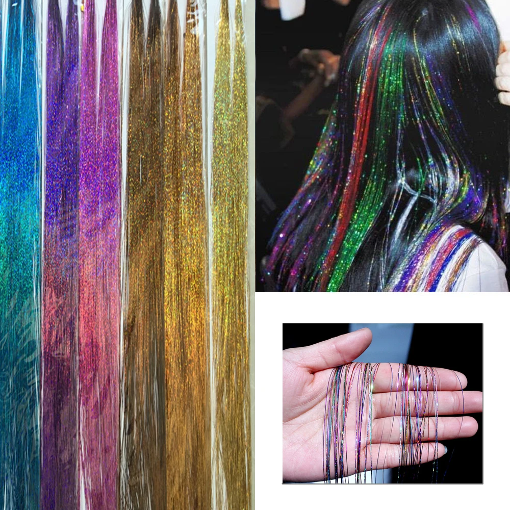 

100cm 250 Strands/bag Sparkle Shiny Hair Tinsel Rainbow Silk Hair Extensions Dazzles Women Hippie for Braiding Headdress Long