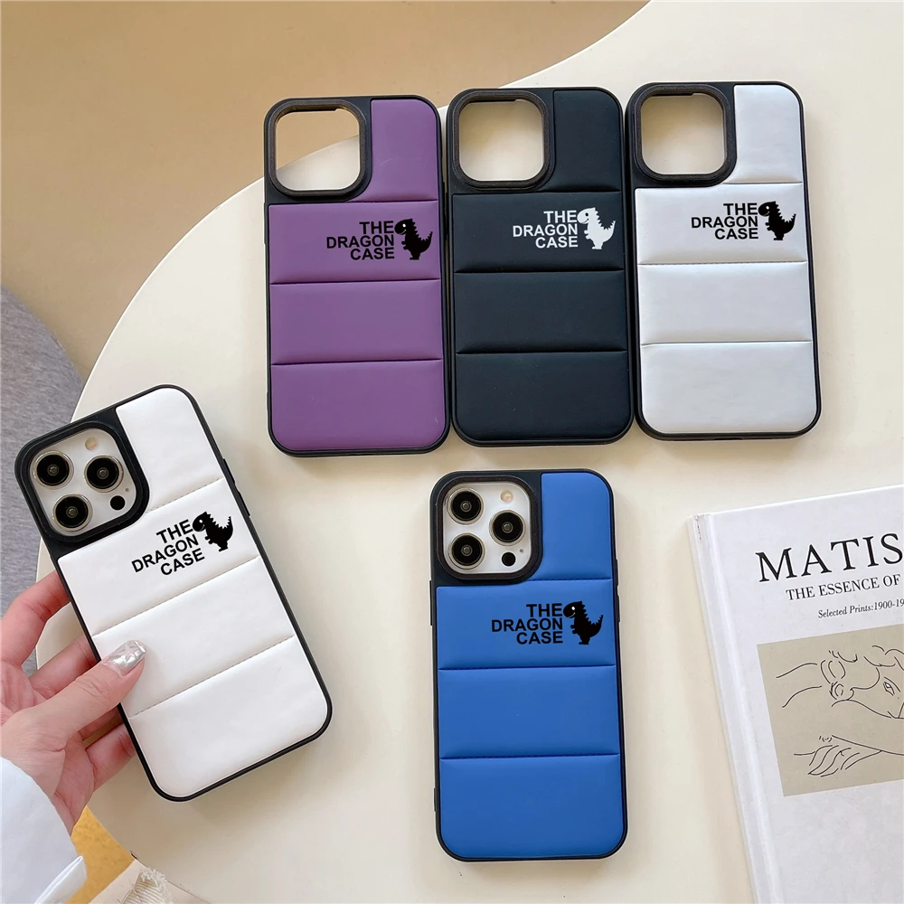 

NEW Luxury Puffer Down Jacket Case Black Dinosaurs for iPhone 14 13 12 11 Pro Max 14 Plus Soft Fabric Shockproof Cover