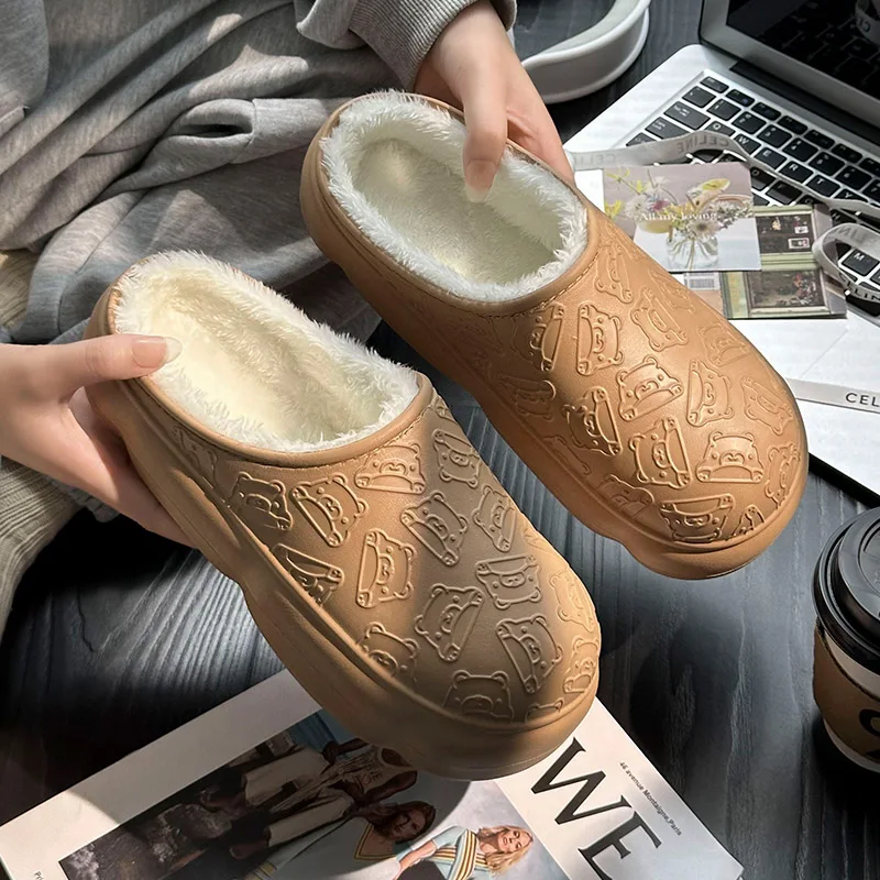 Зимние плюшевые меховые сабо мужские и женские тапочки мультяшный медведь для