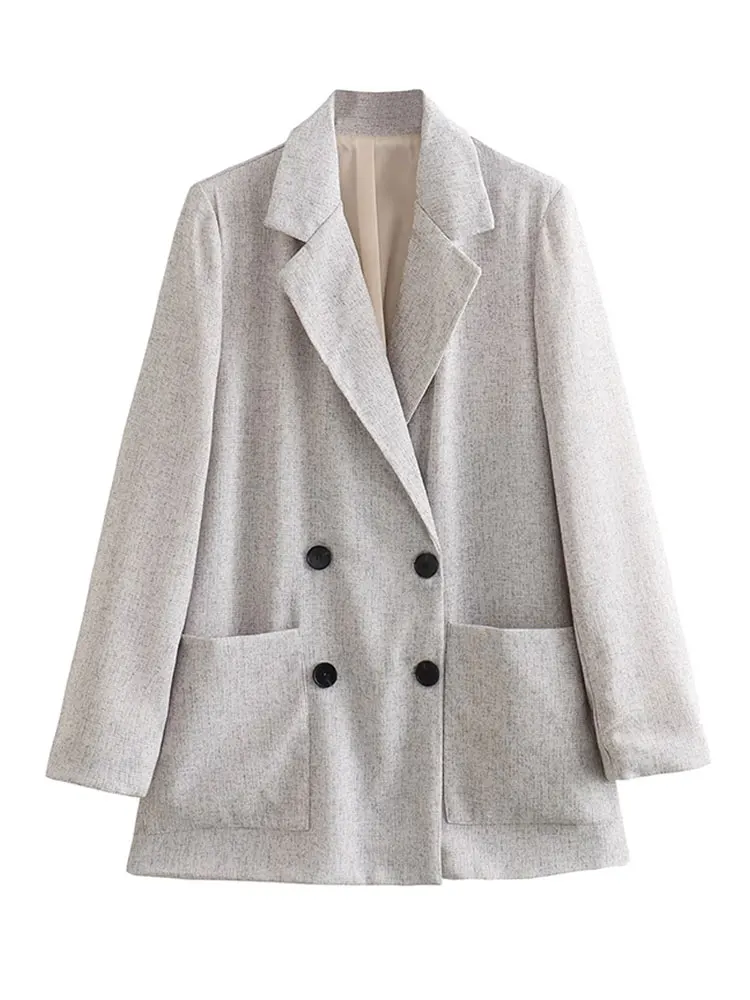 

Casual Linen Solid Blazer For Women Chic Lapel Long Sleeve Double Breasted Pocket Jacket 2023 Autumn Female High Streetwear