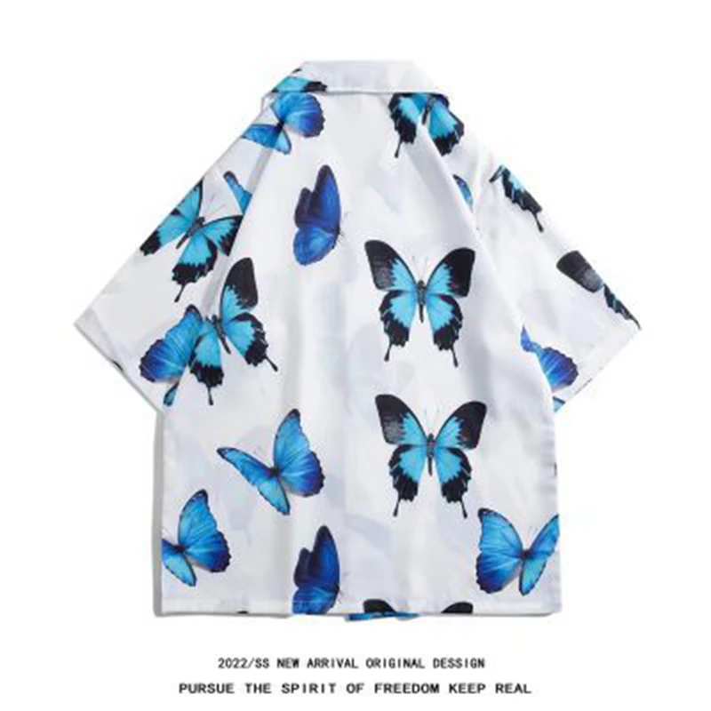 Men Harajuku Hawaiian Shirt Hip Hop Streetwear Butterfly Painting Print Beach Shirt Summer Short Sleeve Aloha Shirt Casual 2022