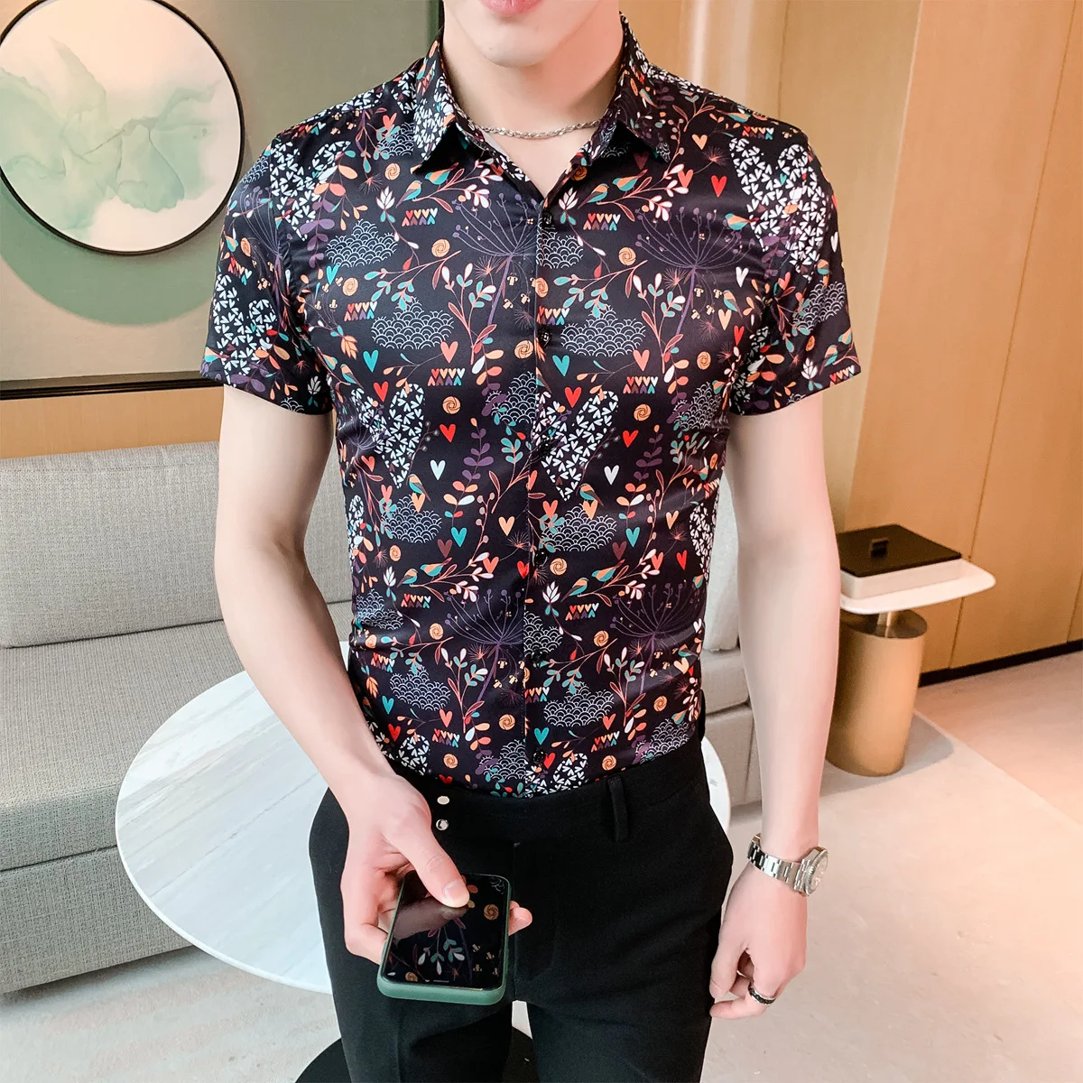 

2022 Fashion Summer Short Sleeve Mens Clothing Hawaiian Gold Bronzing Print Shirt for Men Shirts Streetwear Jerseys Dress