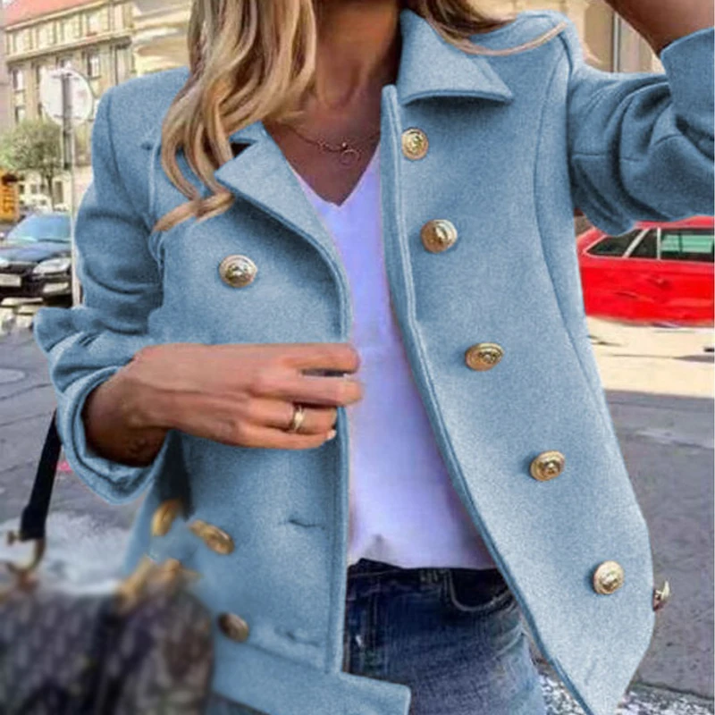 

Autumn Slim Long Sleeve Double Breasted Jackets Ladies Lapel Solid Wool Short Coats Vintage Patchwork Office Commuter Outerwear