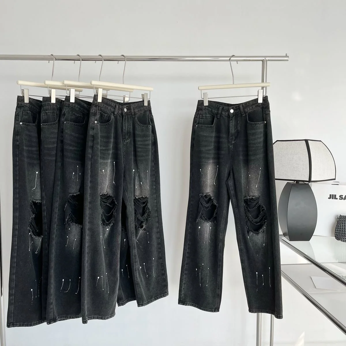 

Inkjet Hole High Waist Jeans Vintage Straight Wide Leg Denim Pant