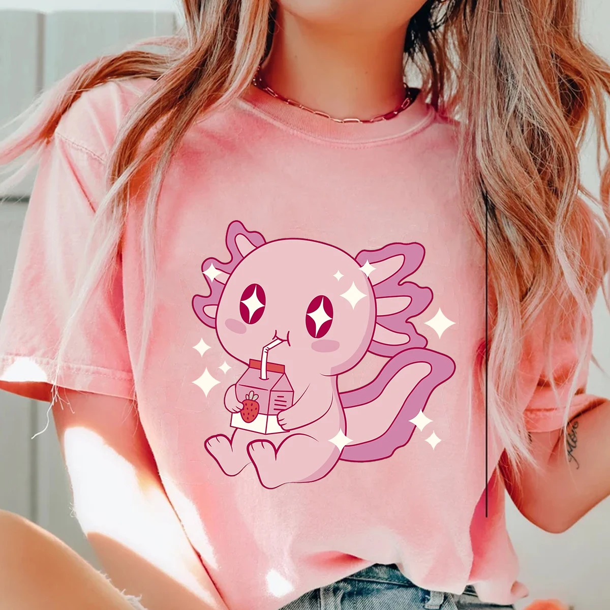 Милая Axolotl футболка с рисунком питьевой клубники и молока коротким рукавом Топы