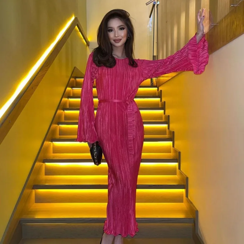 

Элегантное розовое Плиссированное женское платье 2023 Модные свободные платья до щиколотки с круглым вырезом и длинным рукавом на шнуровке женская одежда