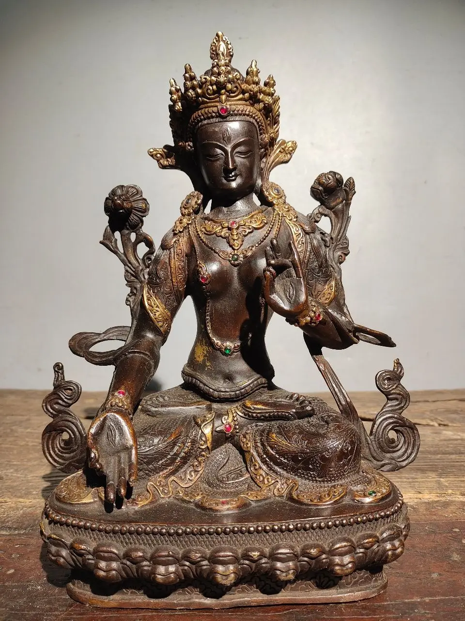 

12"Tibetan Temple Old Bronze mosaic Gem Seven Eyed White Tara Sitting Buddha Lotus Platform Worship Hall Town house Exorcism