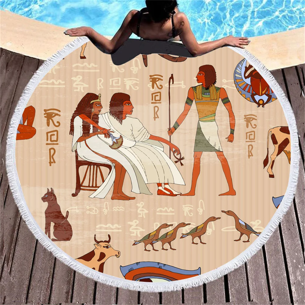 

Summer Round Beach Towel with Tassels Handmade Egyptian Life Wall Painting Bath Towels Quick-dry Microfiber Ladies Shawl Blanket