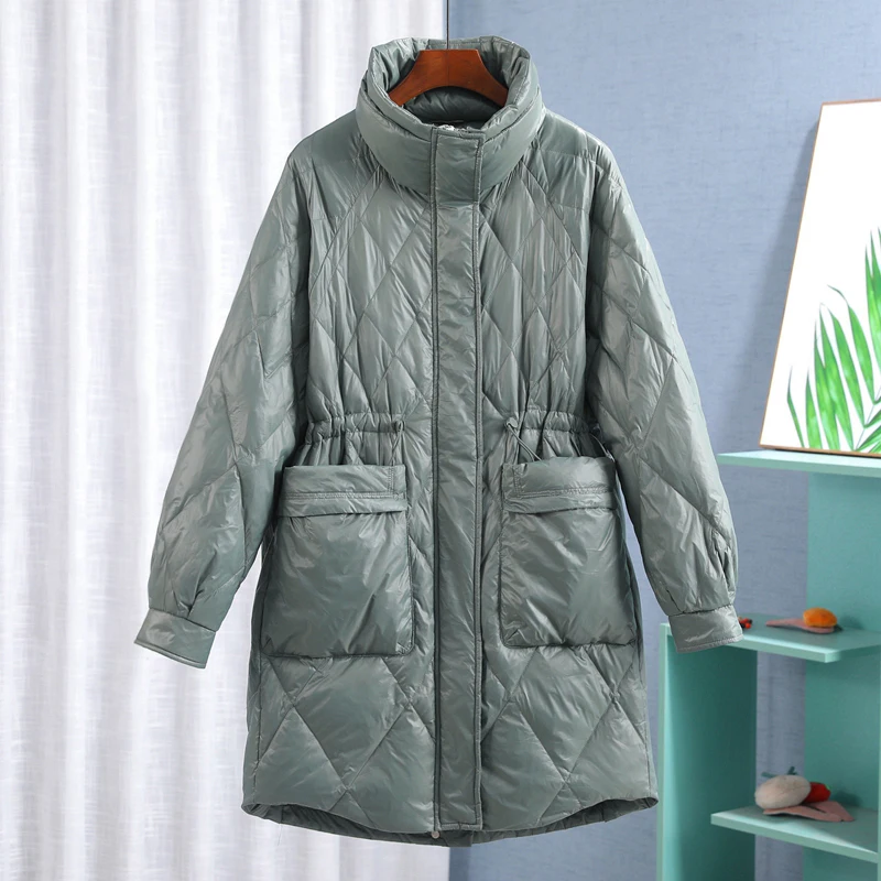 Stand-Up Collar Drawstring Large Pocket Medium Long Women's Down Jacket Coat 2022 Autumn Winter New White Duck Down Coat