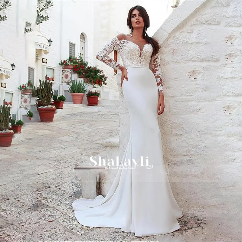 

Mermaid wedding dress one shoulder backless buttons simple long sleeve wedding dress chiffon retro v-neck plus size