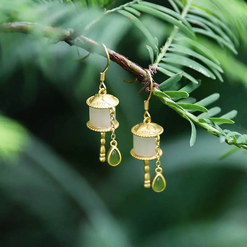 

Natural Hetian Jade Prayer Wheel Earrings 925 Silver Tassel Jasper Earrings National Wind Peace Earrings