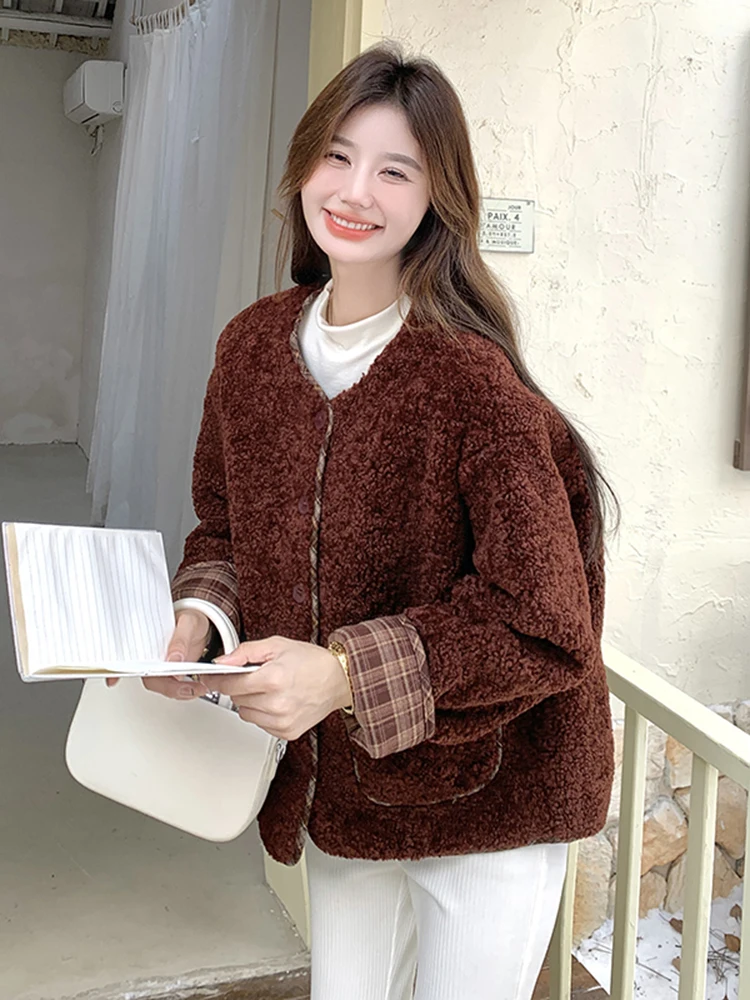 Ankela Red Graceful Fur Integrated Lamb Wool Outerwear Women 2024 Winter New Small Short Cotton-Padded Coat