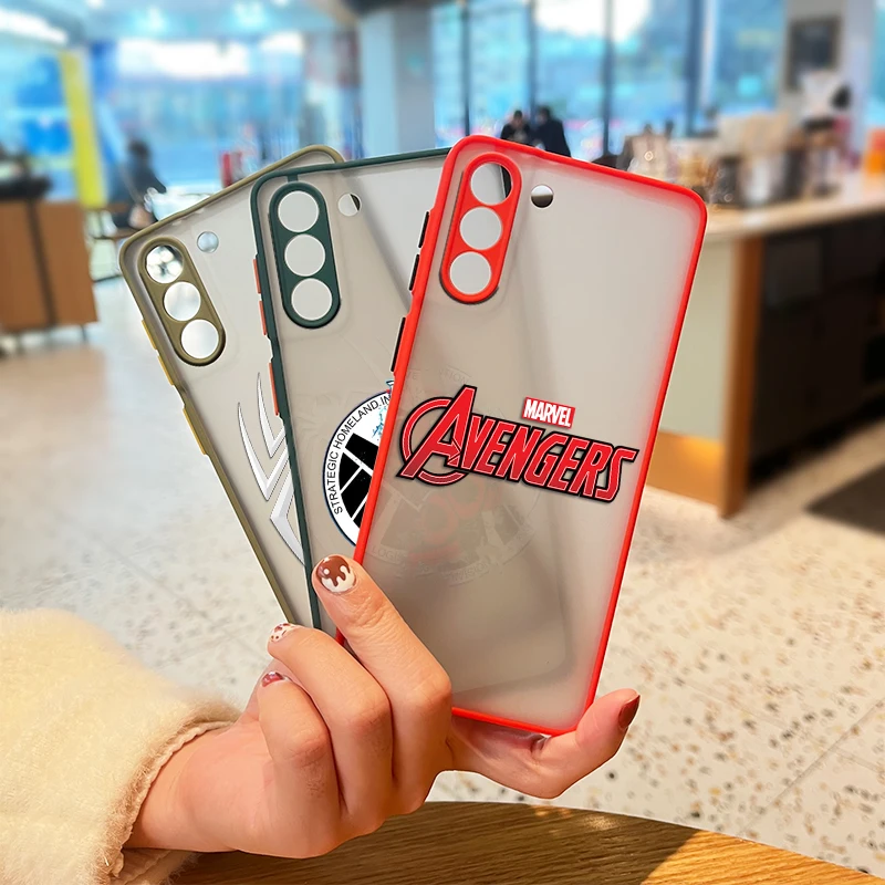 

Marvel Avengers logos For Samsung Galaxy S21 S20 FE Ultra Plus S10 S9 S8 5G M31S 30 20 Frosted Translucent Phone Case