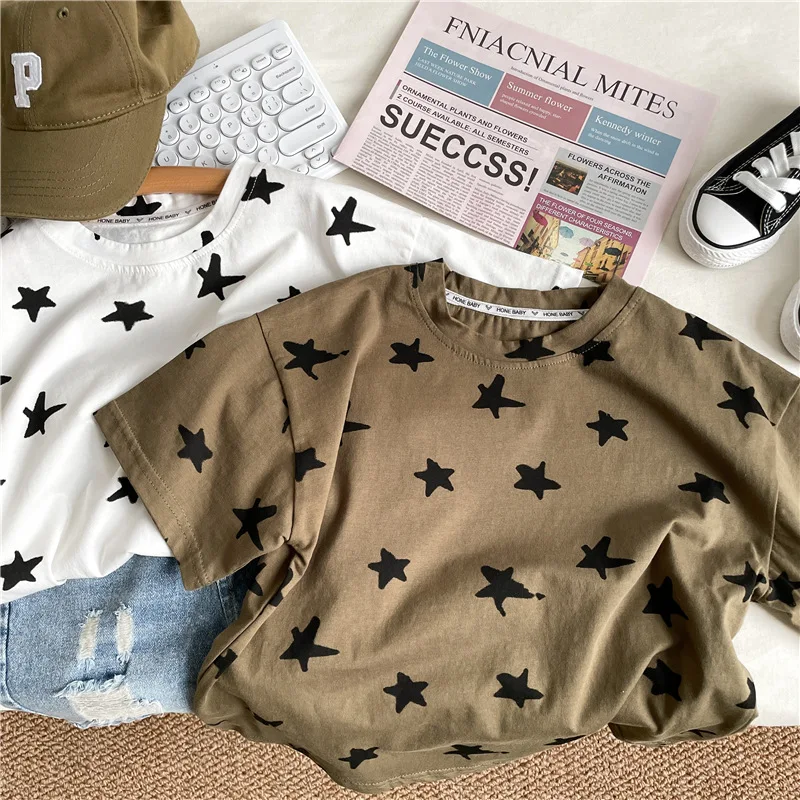 

2023 Summer Clothes New Kid Stars Print Short Sleeve T-shirt Boy Girl Children Casual Fashion Tops Baby Cotton Loose Simple Tees