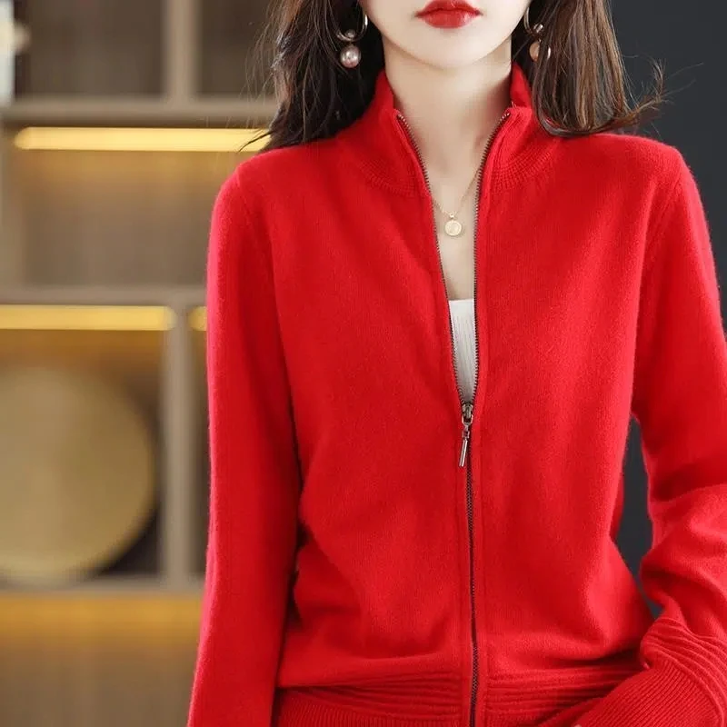 2023 Autumn Winter New Knitted Sweater Women Cardigans Thick Slim Stand Collar Zipper Cardigan Jacket Female Casual Knitwear Top images - 6