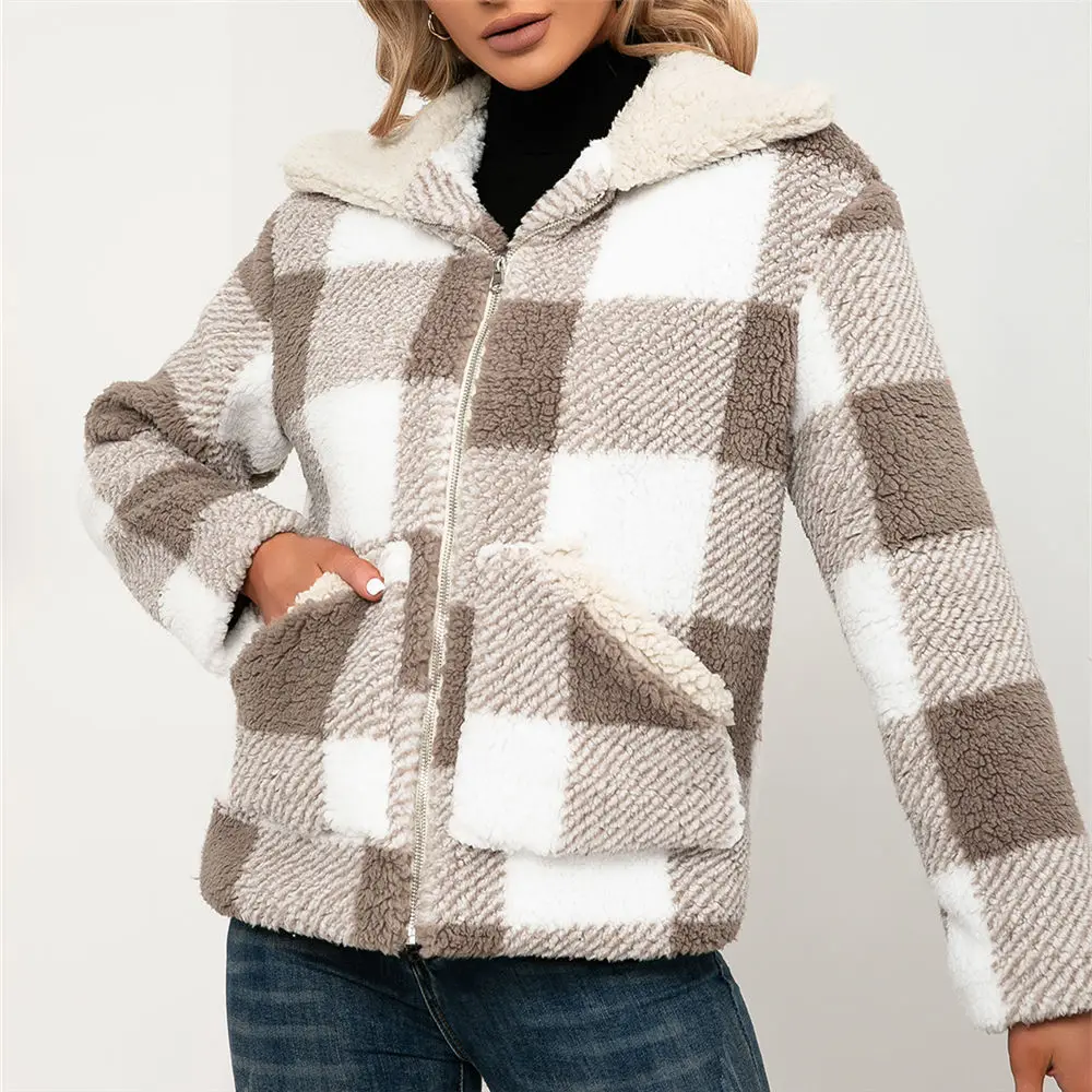 

Women Winter Sherpa Fleece Sweater Fluffy Vintage Plaid Zipper Cardigan Thick Puffy Warm Jacket Luxury Faux Fur Lapel Coat