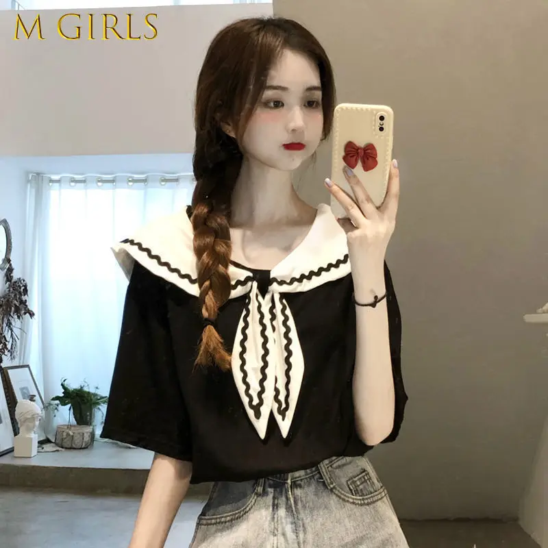 

Hikigawa Sweet Woman Tshirts 2022 Shirts for Women Chic Sailor Collar Short Sleeve Tees Tops Preppy Style Korean Casual T Shirt