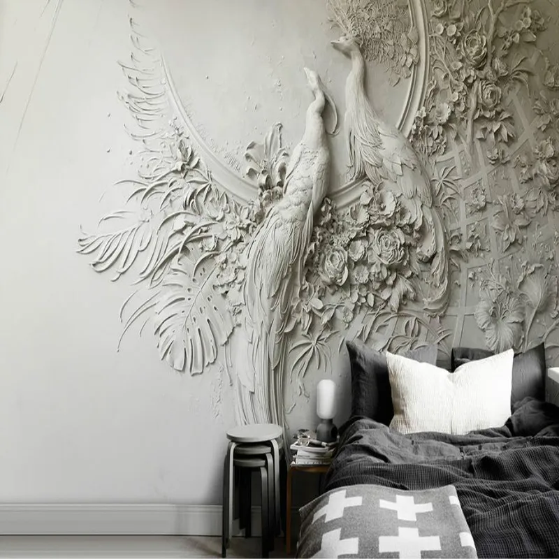 Стереоскопические обои с изображением павлина серые тисненые фрески для