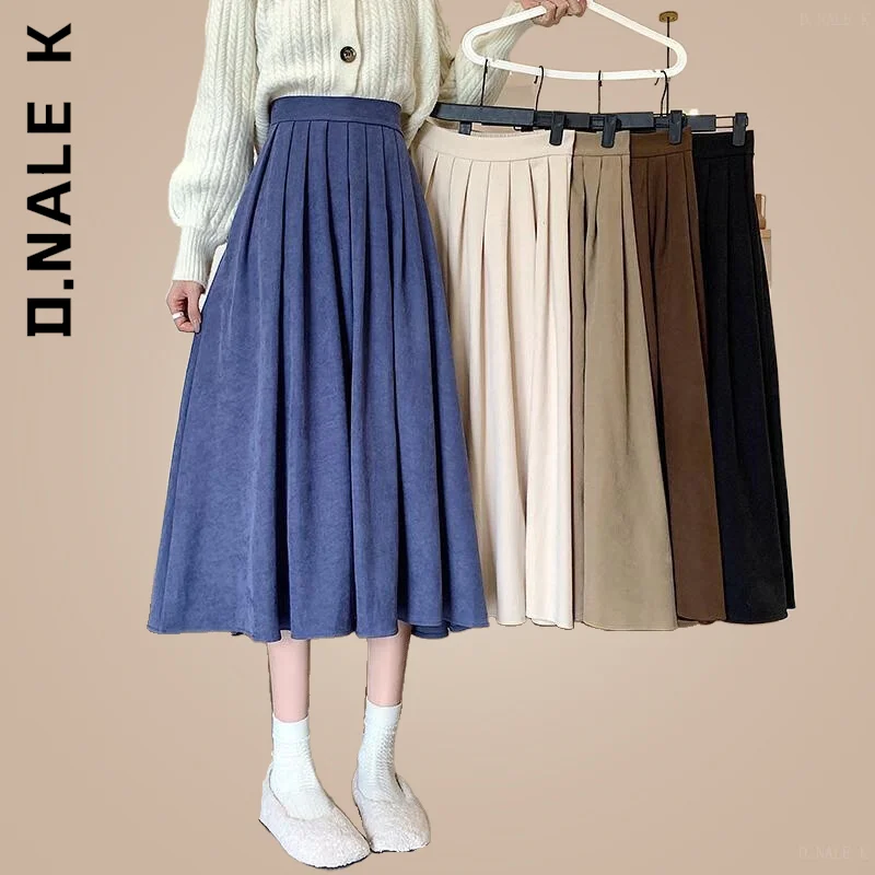 D.Nale K Elegant College Style Midi SkirtFashion High Waist Pleated Skirt Women Korean  Autumn Winter Thick A-line Skirts