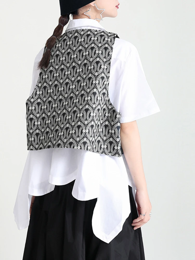 Женский Повседневный короткий жилет EAM черный Свободный с v-образным вырезом без