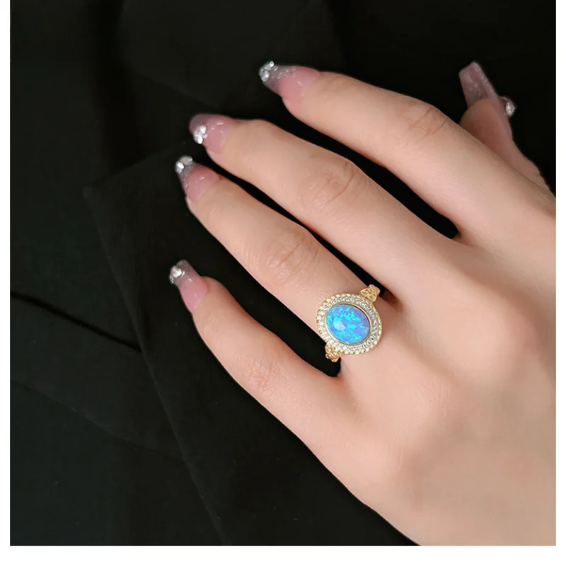 Новинка 925 серебро Голубой опал овальное Ретро модное кольцо с инкрустированным