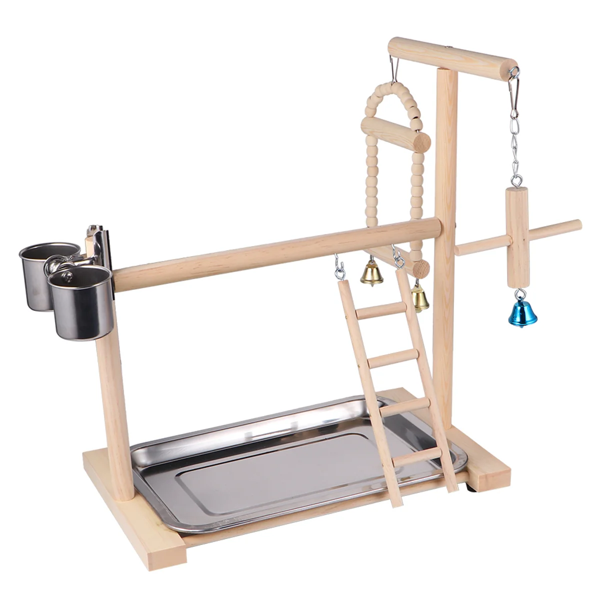 

Parrot Playstand Wooden Bird Playground with Ladder, Hanging Swing, Perch and Feeder Cups, Parakeet Exercise Toys ( Include a