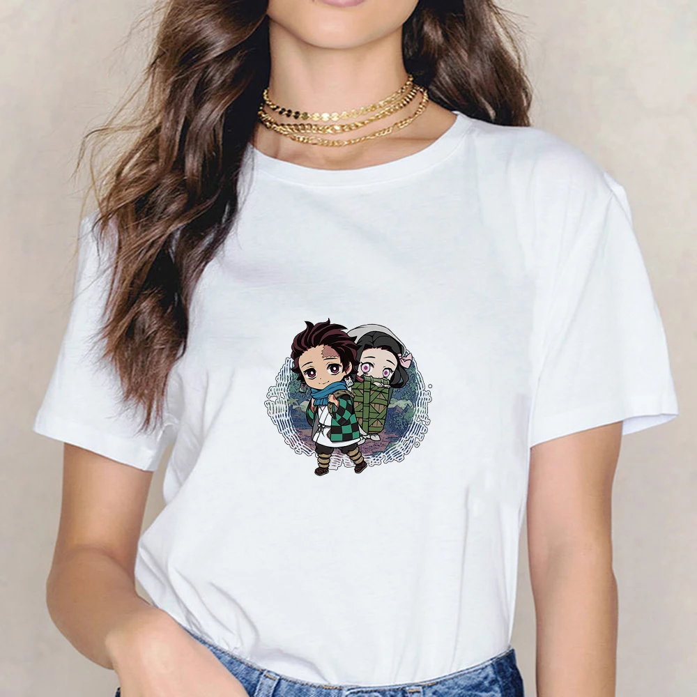 

Women Summer Tshirt Popular White Leisure T-shirt Ghost Killing Blade Kamado Tanjirou and Nezuko Graphic Harajuku Aesthetic Tops