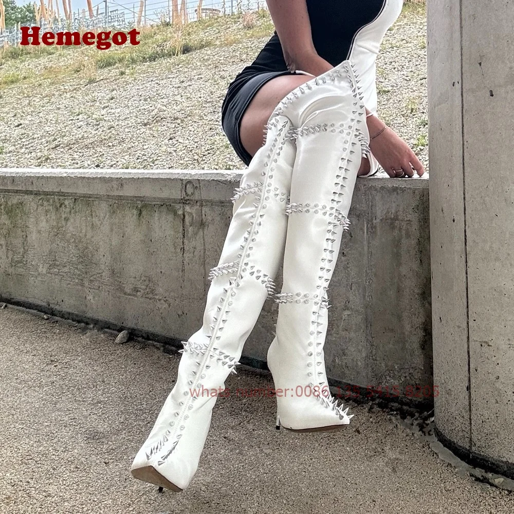 Высокие сапоги до бедра на шпильке с серебряными заклепками женские высокие