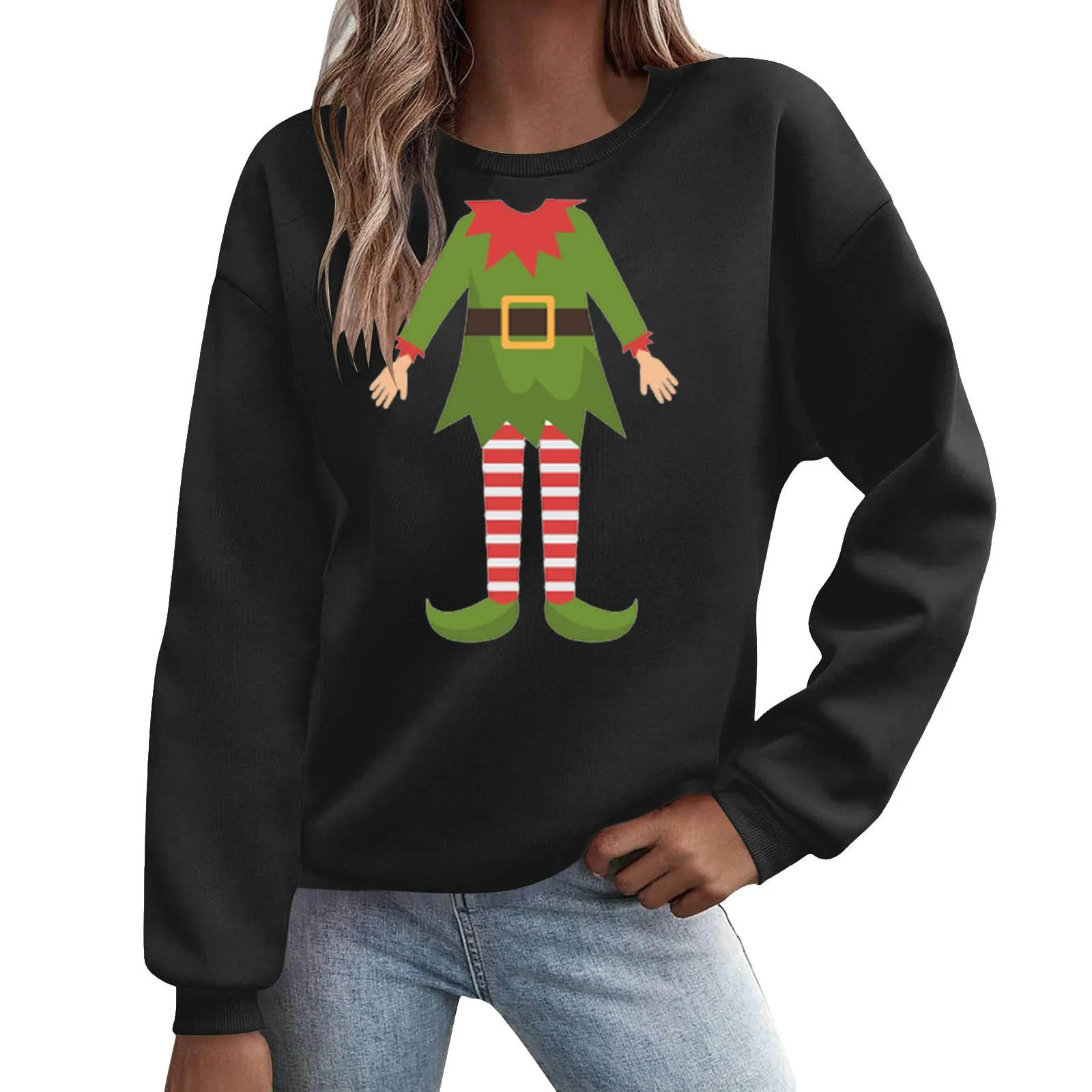 

Худи женское рождественское с мультяшным принтом, свитшот с длинным рукавом, пуловеры черного цвета с принтом Elf, милая Рождественская блузка, новогоднее пальто