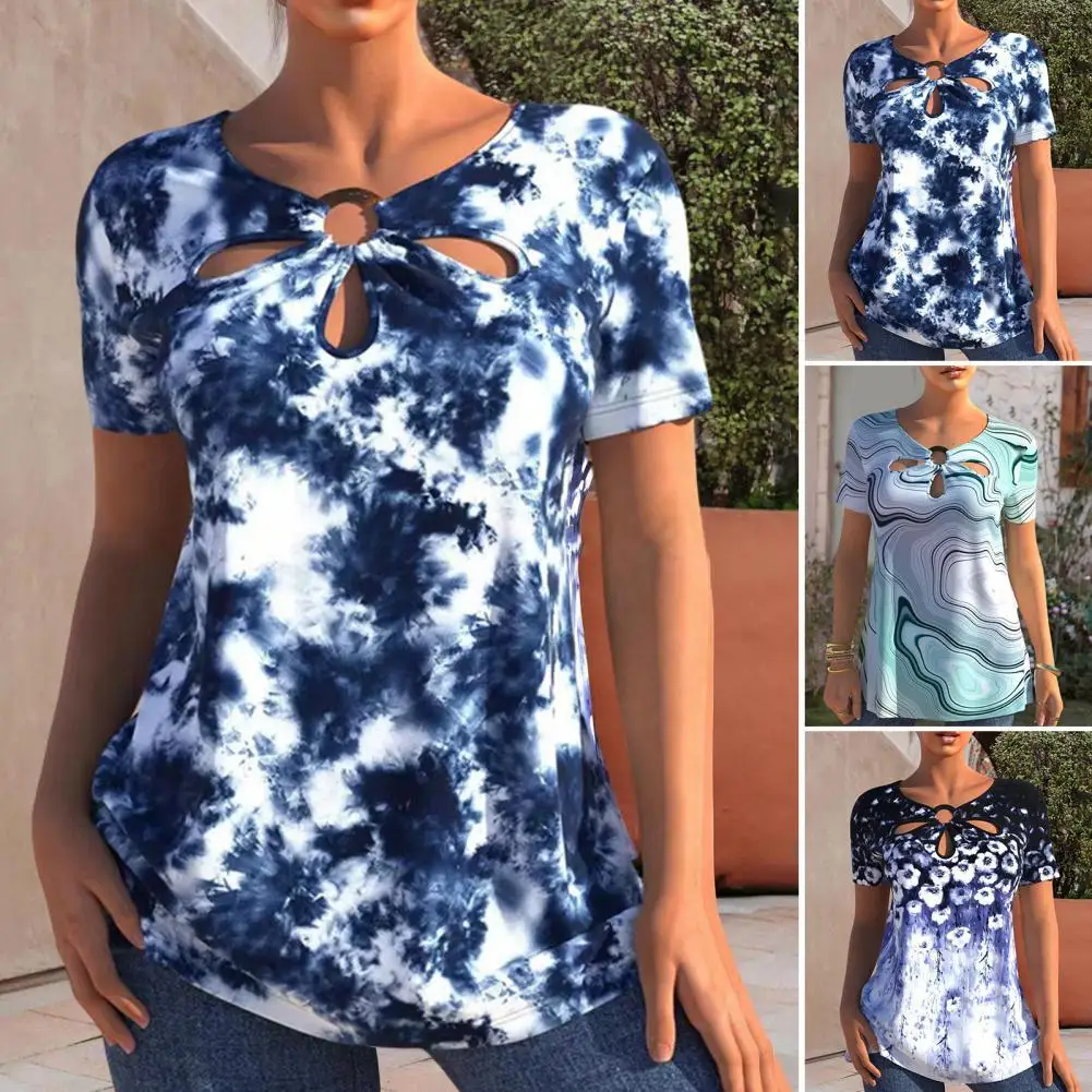 

Summer T-shirt Half Sleeve Breathable Lightweight Summer Casual Ripple Petal Print Tie-dyed Top for Daily Wear