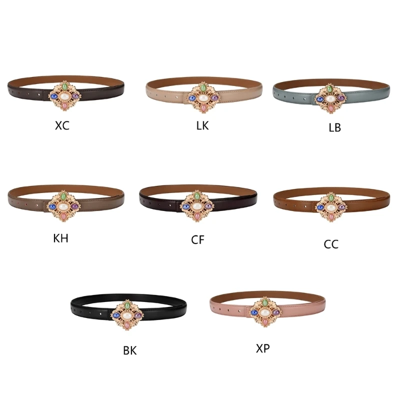 N58F Elegant Waist Belts for Dress Belt Artificial Gemstones Vintage Leather Strap