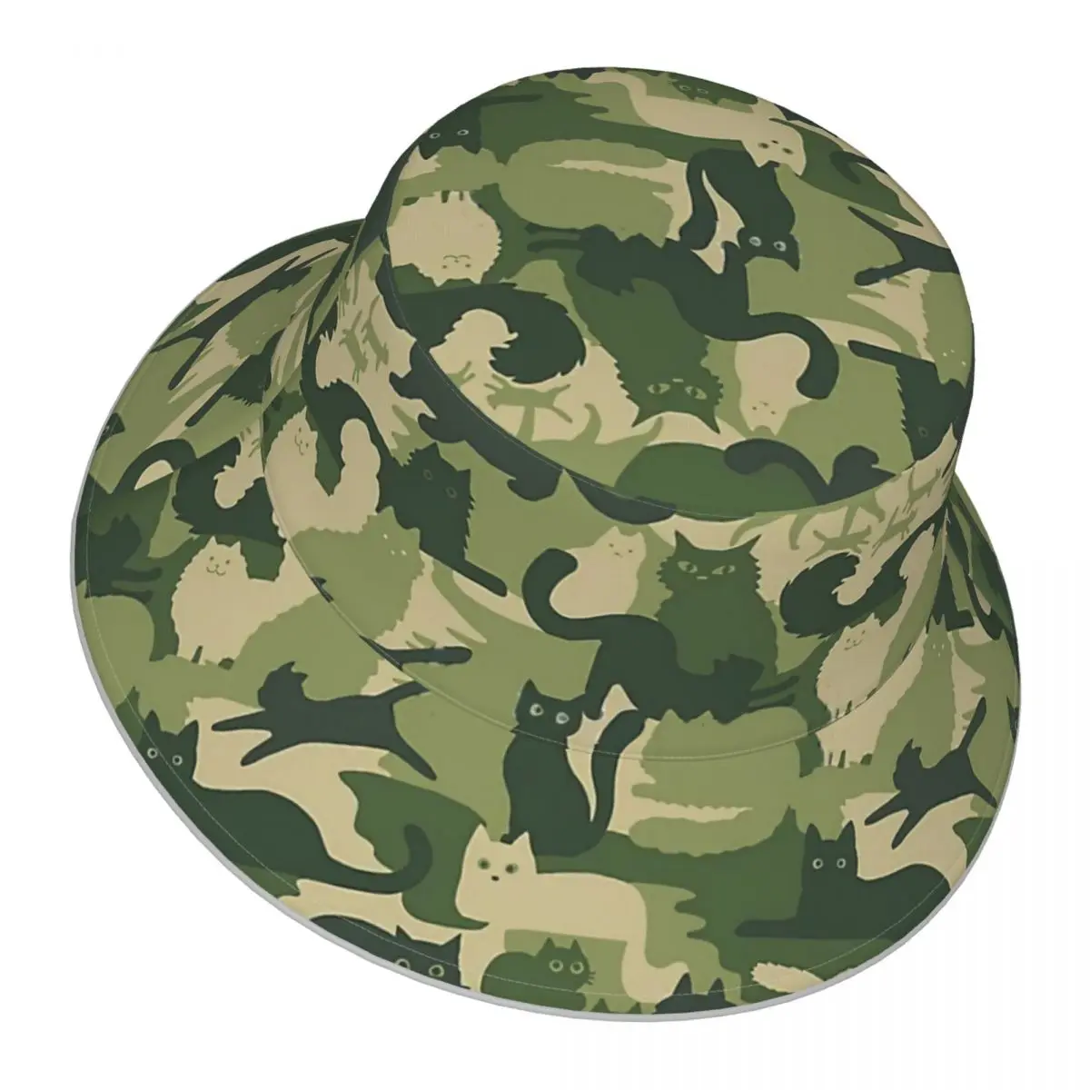 Camouflage Pattern With Cats,Green Cat Camo reflective Bucket Hat Men Women Bucket Hat Outdoor Sunscreen Beach Hat  Fishing Cap