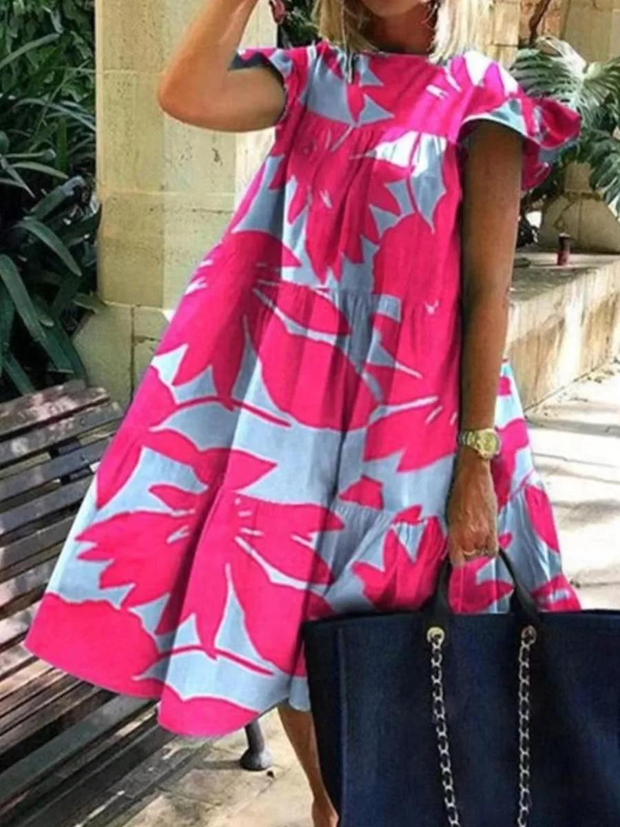 

LW Plus Size Floral Print A Line Loose Dress Sweet Color Block Buttlerfly Leaf Short Sleeve 2022 Summer Streetwears