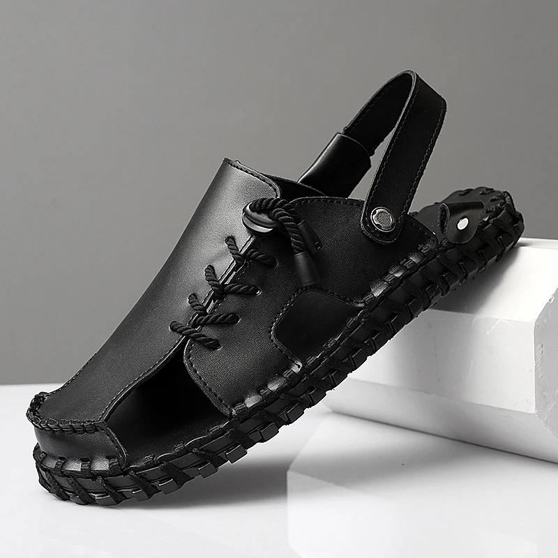 

Comfy Leather Mens Sandals Summer Leather Beach Shoes Men Outdoor Lightweight Casual Shoes Breathable Soft Flats Male Slippers