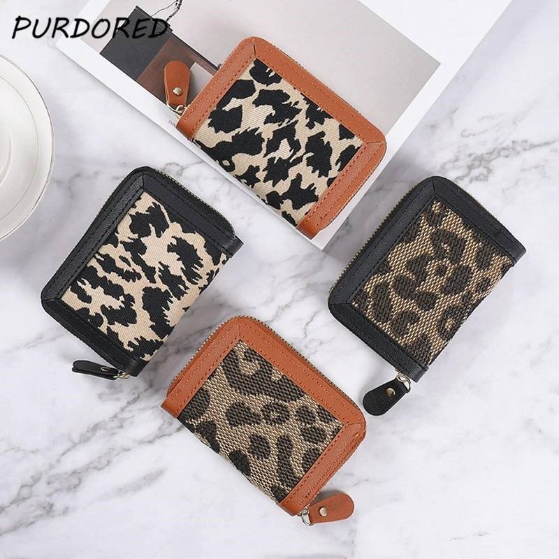 

PURDORED 1 Pc New Fashion Women Leopard Card Holder PU Leather Zipper Business Card Wallets Coin Purse Card Money Wallet Holder