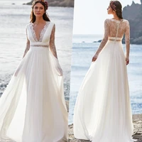 beach v neck chiffon wedding dress for bride 2022 lace long sleeve a line bridal dress illusion backless buttons robe de mariee
