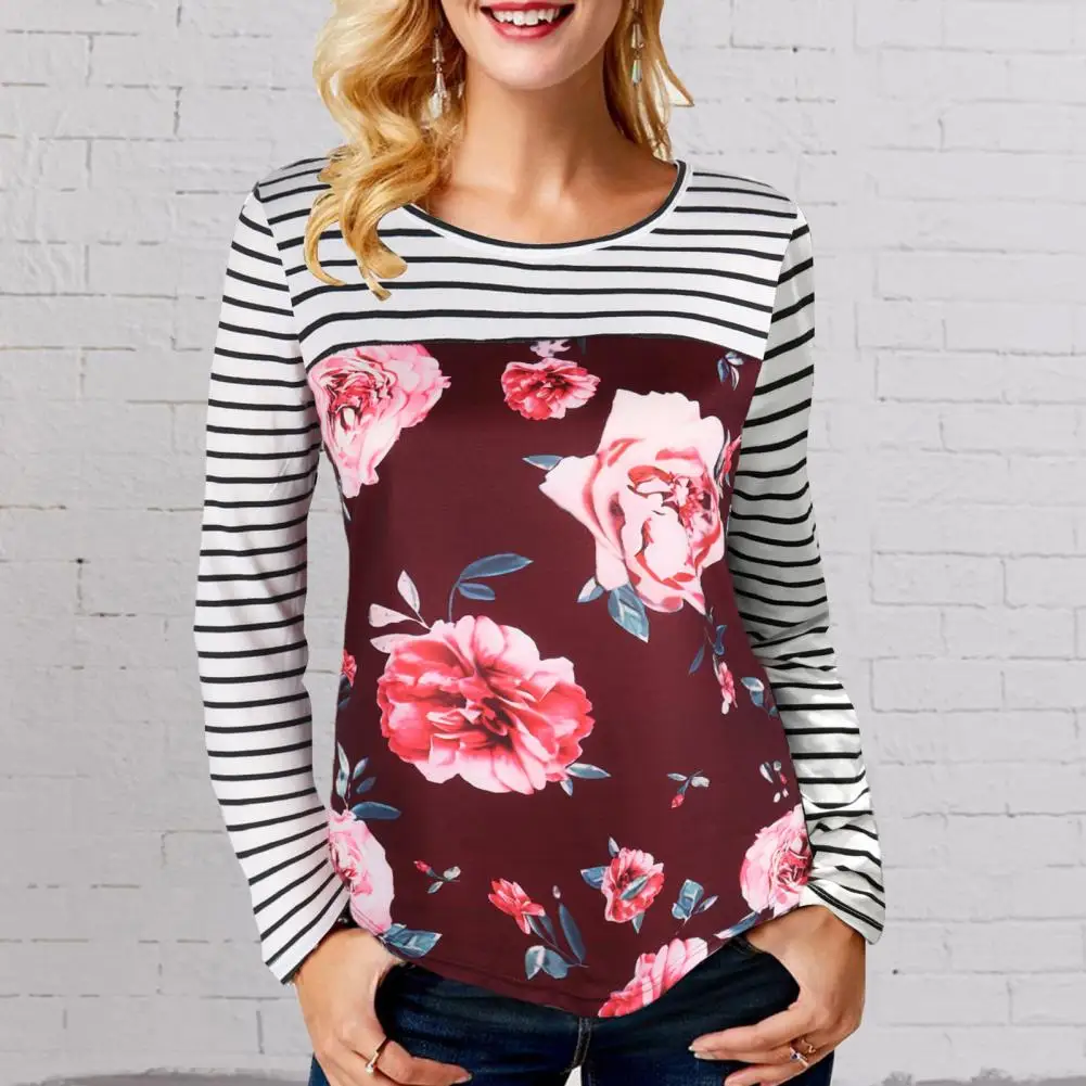 

Sweat Absorbing Classic Floral Print Striped Splicing Pullover Top Slim Fit Tee Shirt Stretchy Female Clothes