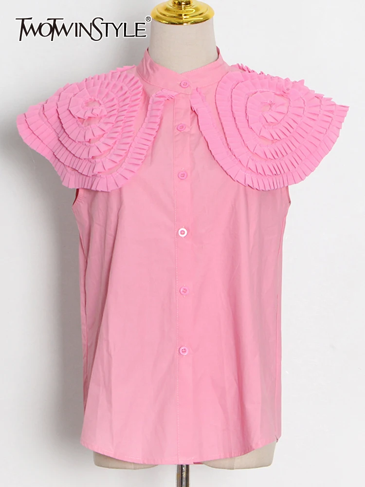 

TWOTWINSTYLE Patchwork Ruched Blouse Shirts For Female Stand Collar Sleeveless High Waist Loose Women's Casual Shirt New 2012