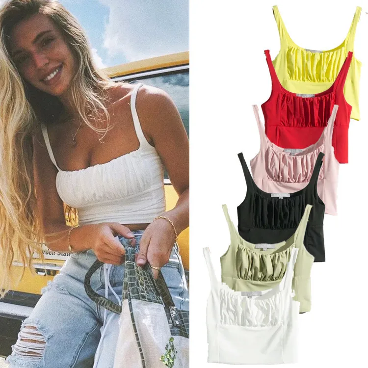 

White Women T-Shirt Sexy Sleeveless Camisole Crop Top Woman Square Neck Tight Stretch Tank Top Ladies Tee Top Streetwear